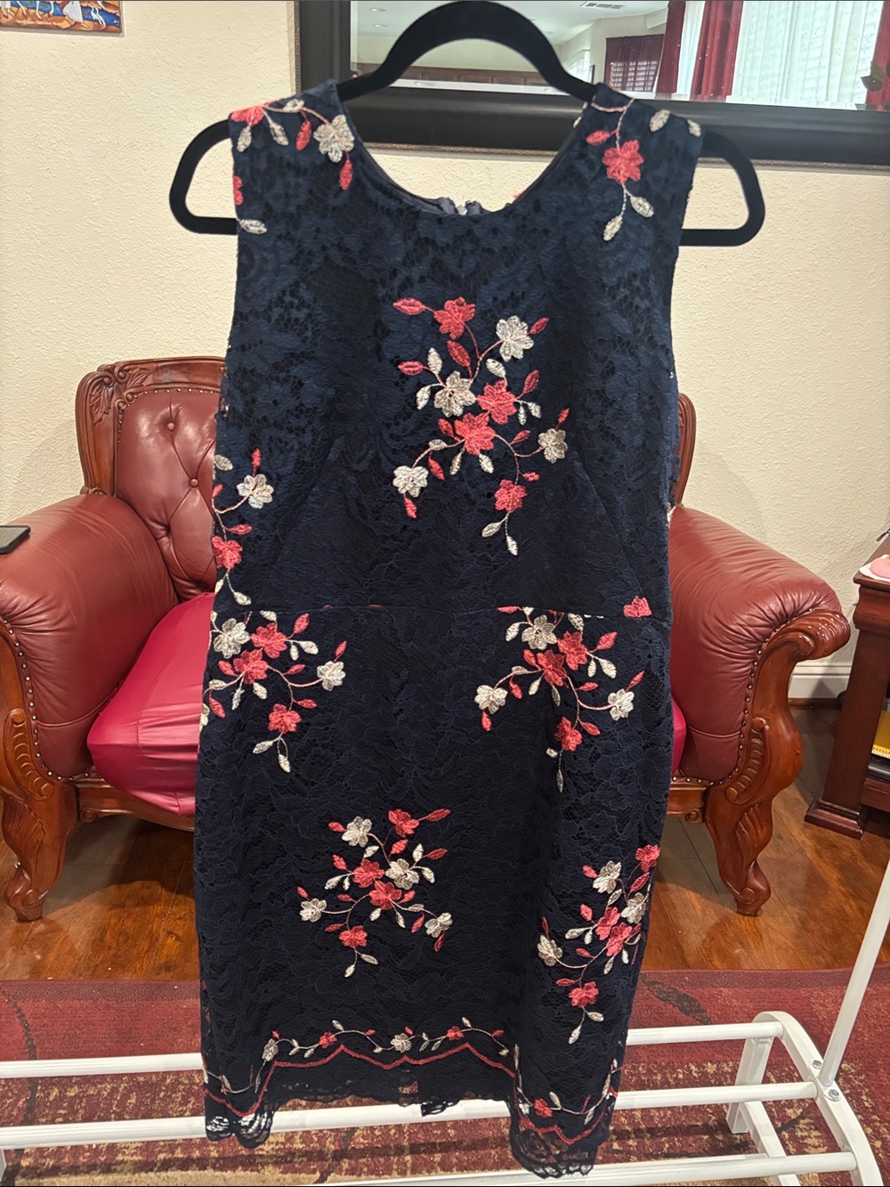 DKNY Navy Lace Sheath Dress with Pink & Cream Floral Embroidery